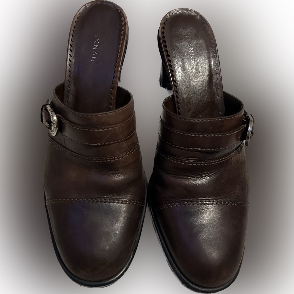 Hannah distress leather Brazil 9 slip on clog slides chunky heel S21